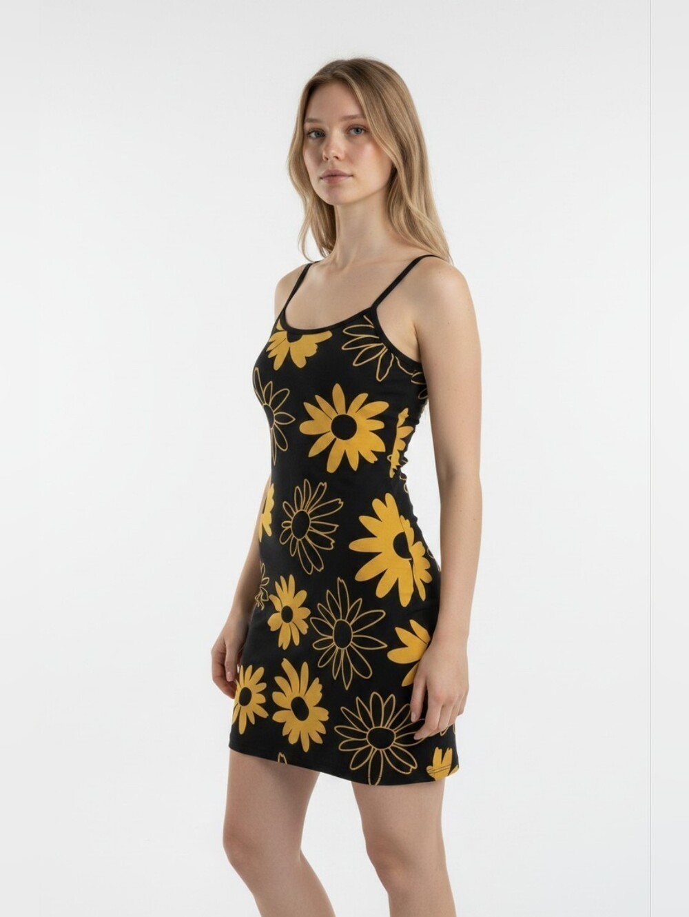 Zumiez Dress Black & Yellow Floral Botanical Slip Stretchy Con-Style Size Small